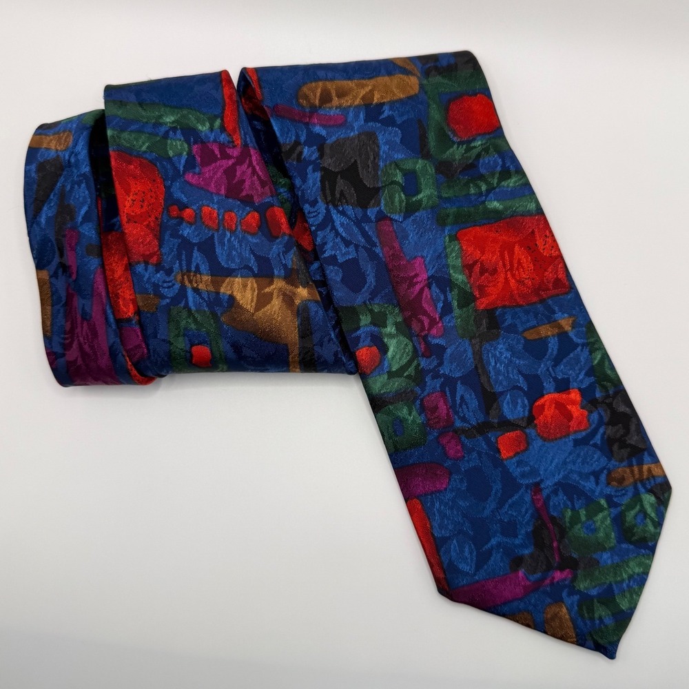 Alberto Zerra Necktie OS Blue Abstract Geometric 90s Retro Silk Tie Jacquard - Picture 2 of 7
